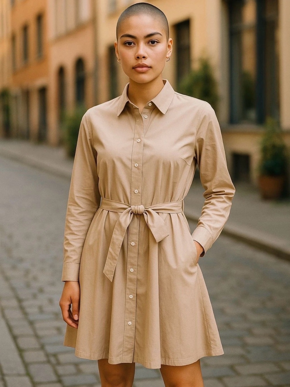 Club Monaco Beige Tie-Waist Shirt Dress